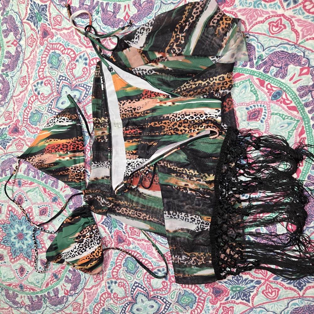 Multicolor Animal Print Bikini Set with Fringe